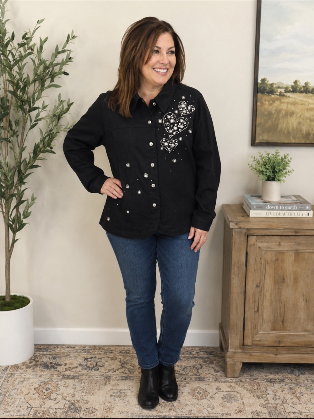 Quacker Factory Heart Embellished Black button down shirt/jacket